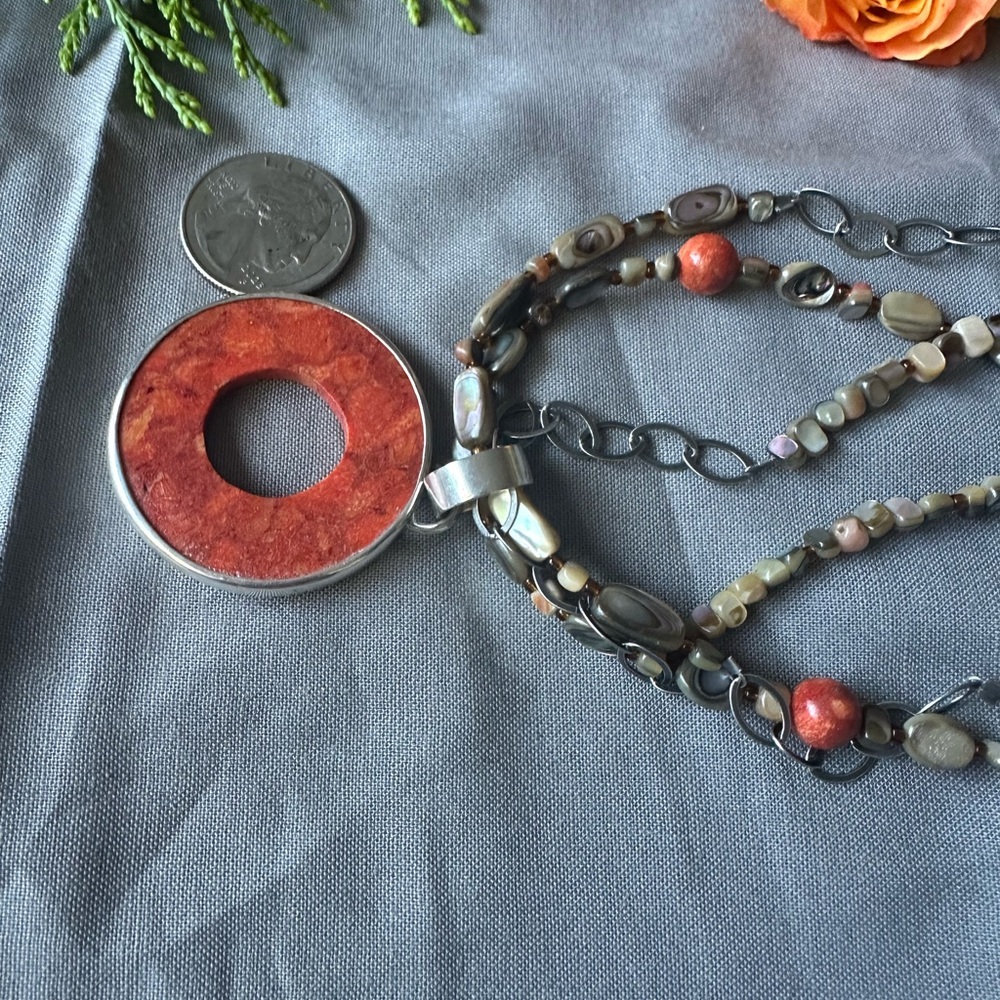 Silpada Multi-Strand coral , avalone and Silver Pendant Necklace N1563